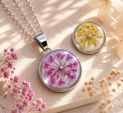 Trockenblumenschmuck mit wechselbaren Druckknöpfen
